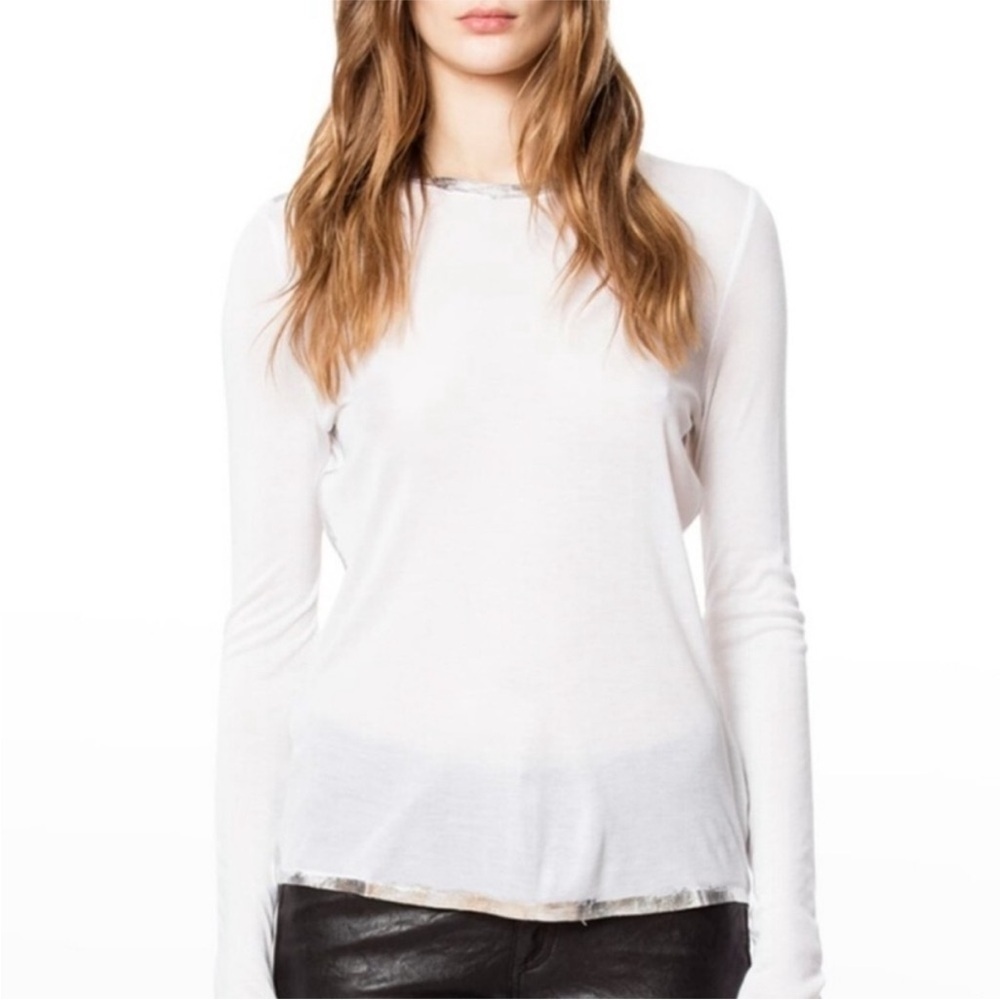 Zadig & Voltaire Willy Gold White Long Sleeve Tee With Gold Trim | M